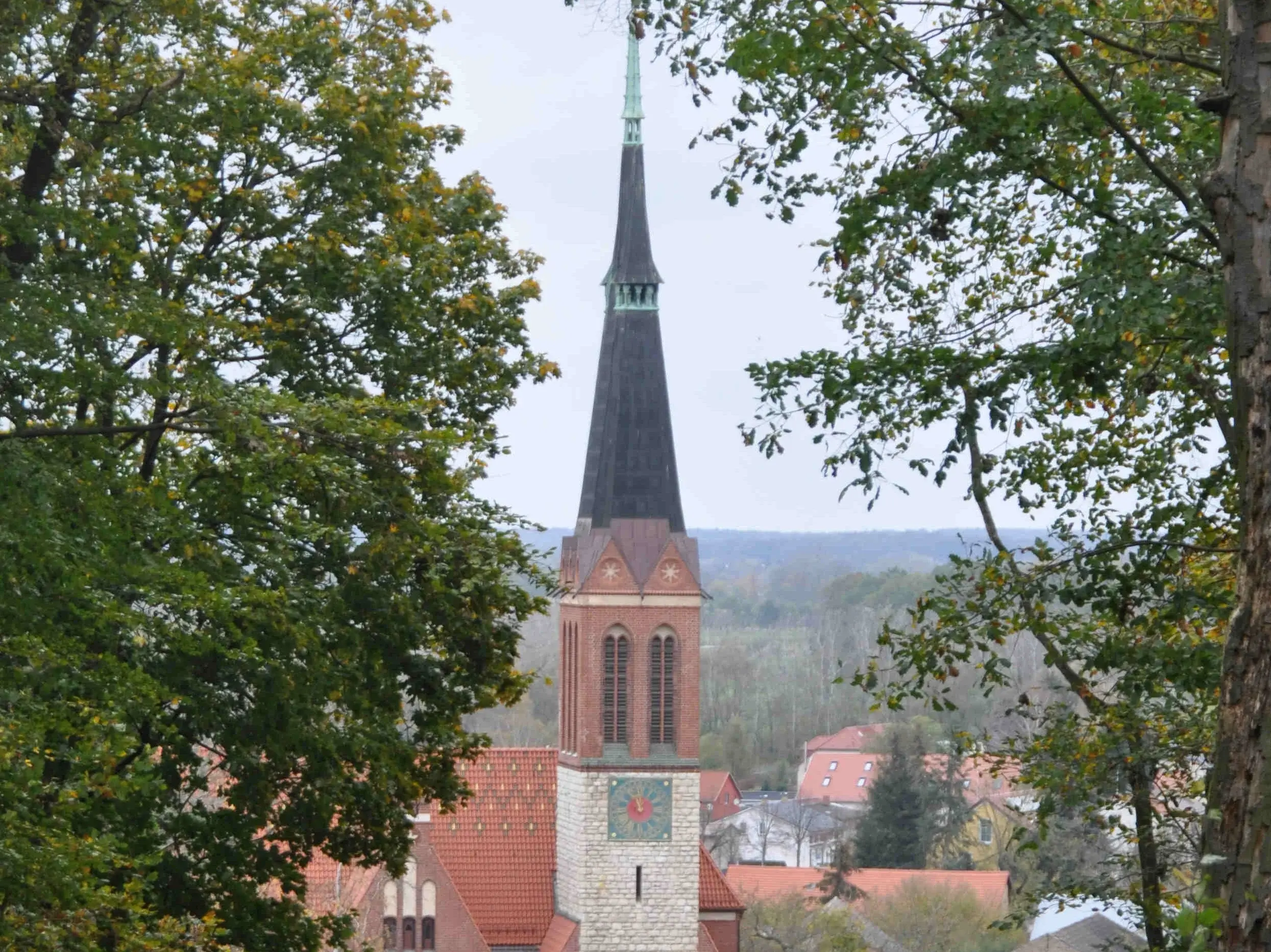 Die Bornimer Kirche von Bäumen eingerahmt.