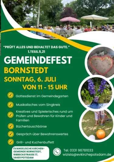 Plakat mit Menschen auf einer Wiese, Blumenvase und Kunst im Sand