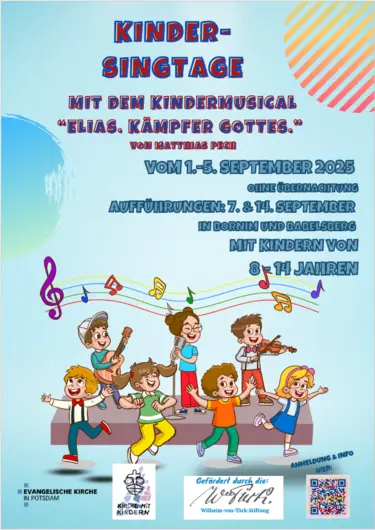 Plakat mit zechnung von singenden, musizierenden und tanzenden Kindern