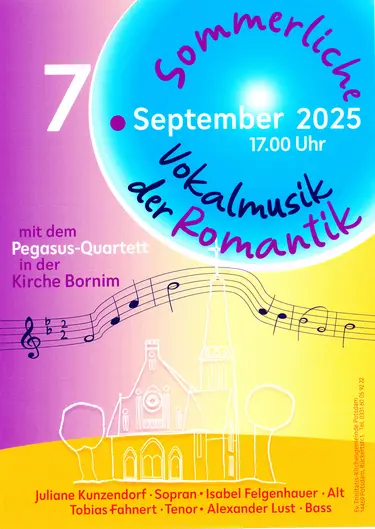 Am 7. September um 17 Uhr findet in der Bornimer Kirche ein Konzert mit dem Gesangsensemble Pegasus-Quartett statt. Der Eintritt ist frei.
